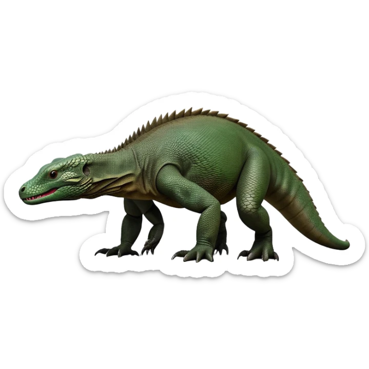cinematic-komodo-dragon-realistic-full-body-standing on all fours-emoji,-massive-scaled-body-poised-with-quiet-power,-rough-textured-skin-dark-green-and-dark brown, black,-head-tilted-dramatically,-long-forked-tongue-flicking-out,-simplified-yet-realistic-focused-features,-highly-detailed,-glowing-with-an-almost-sarcastic-glow

 sticker
