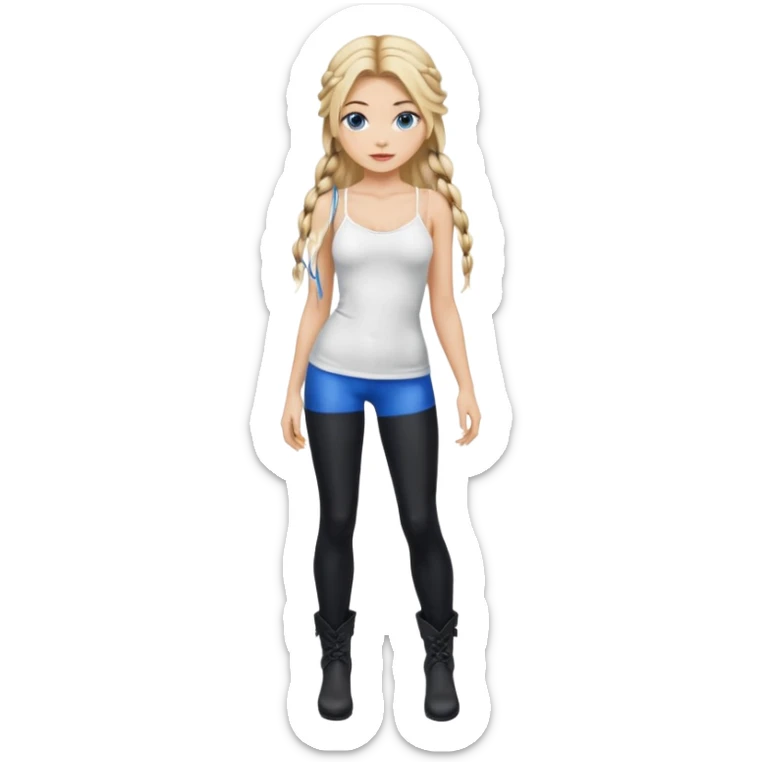 Blonde model balayage  With highlights long hair half braids women with blue eyes wearing White Spaghetti top and black Leggins and Boots with heels sticker