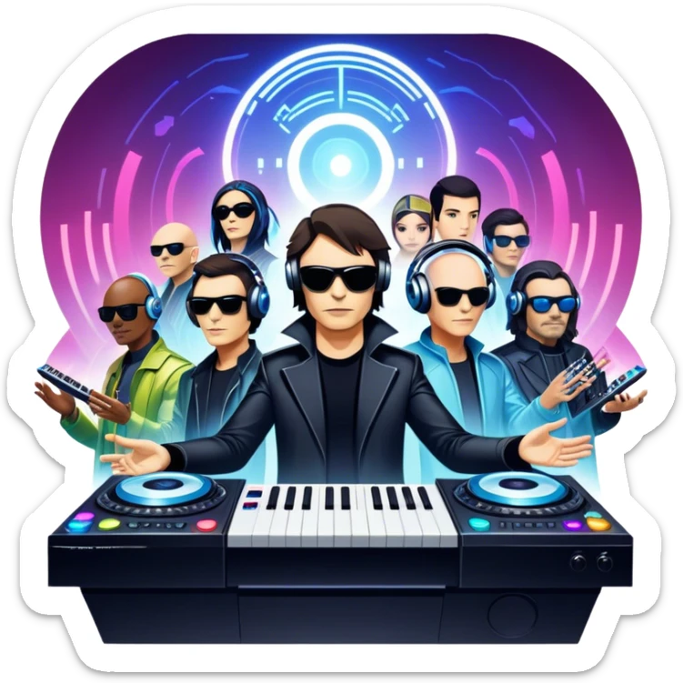 Icon for Electronic Music: Jean-Michel Jarre, Moby, DJ Tiesto, and Jorn van Deynhoven performing with synthesizers, turntables, and futuristic lighting effects. The design should evoke the vibrant and immersive atmosphere of electronic music festivals. Transparent background. sticker