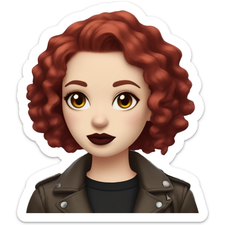 Girl with very pale skin, bright red curly short hair with a side part, black cat-eye makeup, long eyelashes, dark maroon blush and lipstick.  Her eyebrows are dark, arched and very high.  Hazel eyes. Big lips. Thin. Wearing a biker jacket  sticker