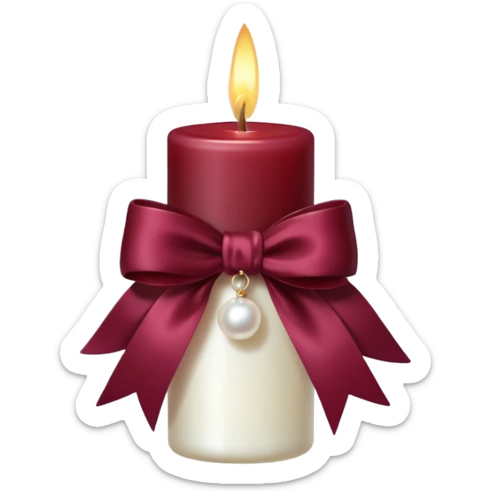 A delicate burgundy candle with a pearl bow, the candle shines radiantly and with a soft glow sticker