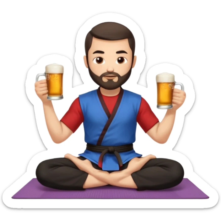 slavic guy with dark brown hair and beard, sitting in yoga pose on a mat, kung fu clothes, short dark hair, holding beer mugs in two hands, sitting sticker
