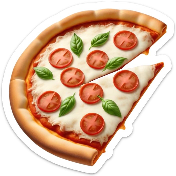 Pizza Napoletana Cinematic Realistic Pizza Napoletana Dish Emoji, depicted as a delicious slice of Neapolitan pizza with a thin, crispy crust, fresh tomato sauce, mozzarella, and basil, rendered with mouth-watering textures and vibrant, warm lighting. sticker