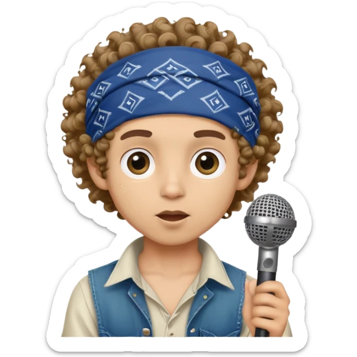 light skin boy with bandana on head and curly hair and HUGE eyes and holding a microphone sticker