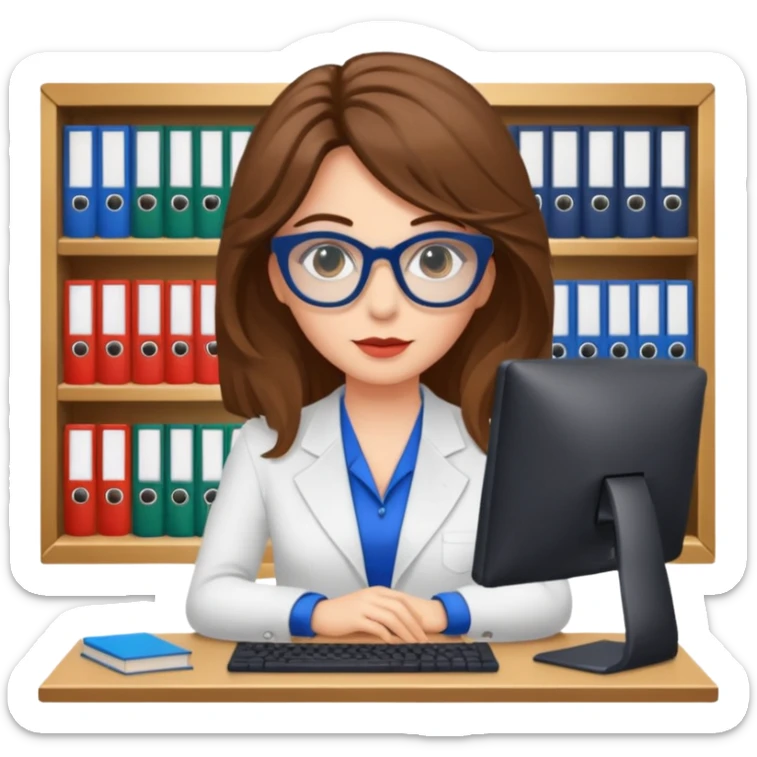 donna bella, occhi azzurri con occhiali, capelli medi, lisci e biondi, lavora al pc. sullo sfondo una libreria sticker