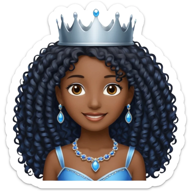 Por favor hazme el emoji de la princesa pero morena con el pelo negro y rizado y largo, los ojos marrones y la corona plateada con jollas azules sticker