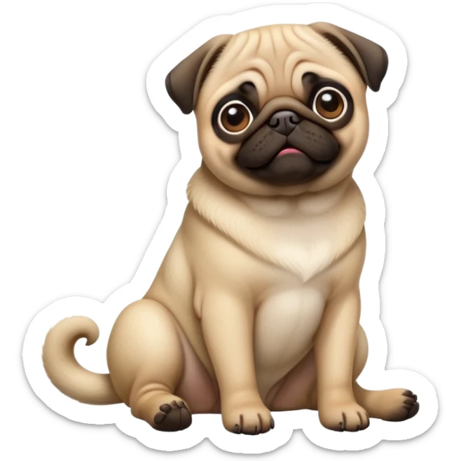 detailed-[pug]-realistic-full-body-sitting-emoji,-tail-resting-loosely-beside-its-paws,-head-tilted-dramatically, -sleek-fur,-simplified-yet-realistic-focused-features,-highly-detailed,-glowing-with-an-almost-sarcastic-glow sticker