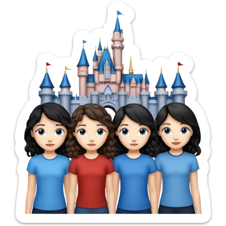 Castillo de Disney y por detrás o delante pon a quatro chicas: una con el pelo largo rizado marrón , otra con el pelo muy corto negro, como un chico, otra con el pelo mediano liso marrón con ojos azulesy otra con el pelo negro largo liso . Todos son color carne.  sticker