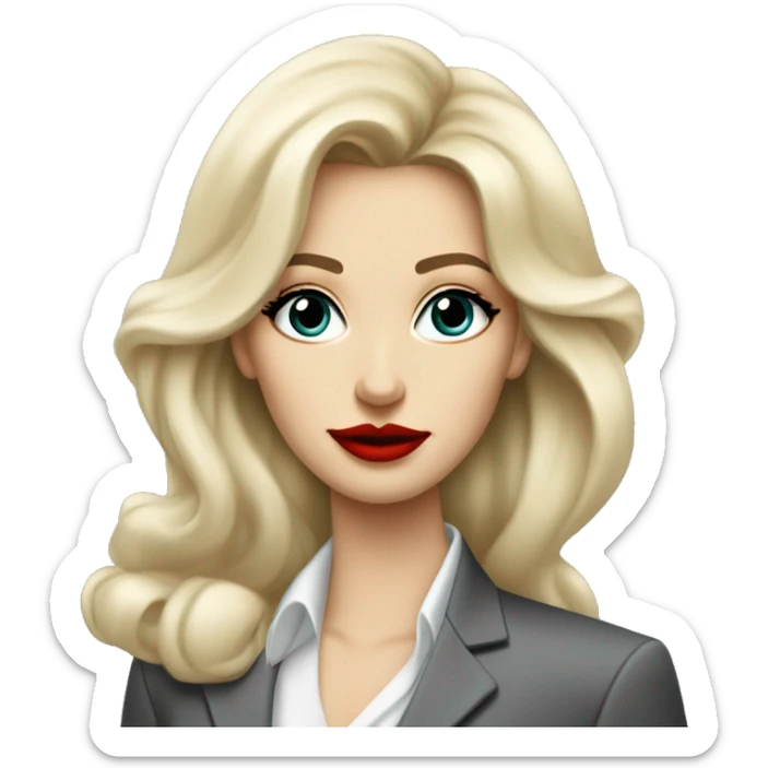 Russian Blonde long hair with big red lips small nose and black eyes Tiffany diamond seller in a grey suit sticker