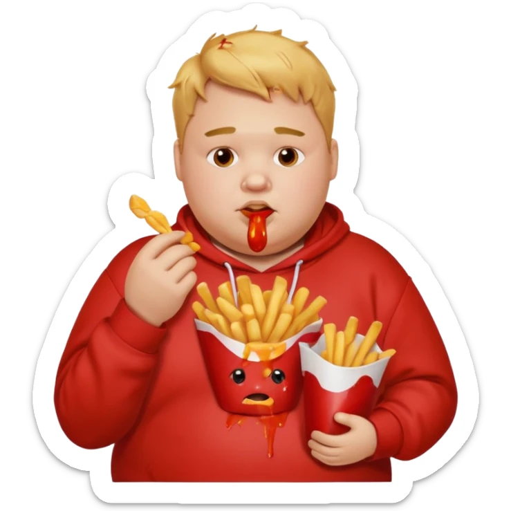 Fat boy, eating fries with ketchup, stains on his face and his sweatshirt sticker