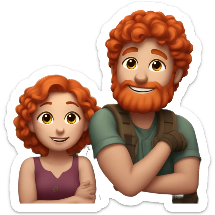 A happy red headed lady snuggling with her boy friend as they watch the sunset from up in the mountains sticker