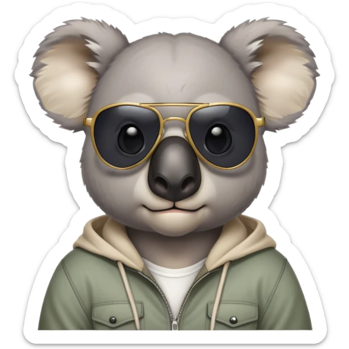 anthropomorphised koala, head and shoulders, casual clothing, dark sunglasses, fierce expression with different look sticker