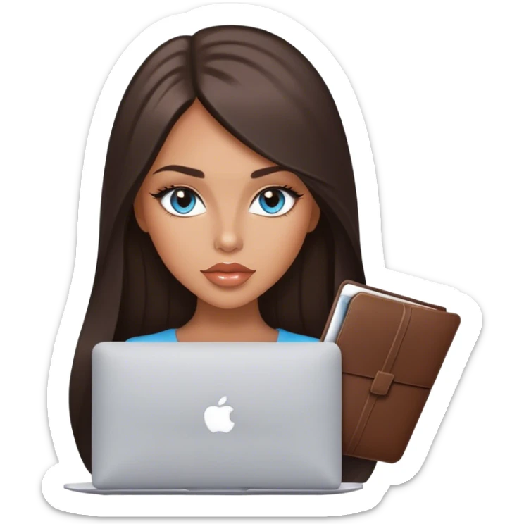 Glamours tanned very beautiful girl with pump peach lips and dark chocolate straight smooth long hair, blue-grey eyes with MacBook sticker