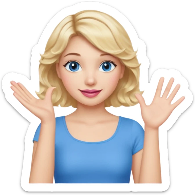 Girl Blonde short wavy hair,  blue eyes, cute blue top, long lashes, pink lips, smiling, one hand palm up sticker