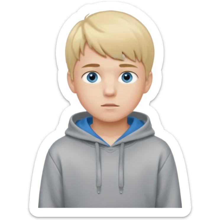 Teen boy with blue eyes and a Grey hoodie who stands up with blond short hair and short bangs sticker