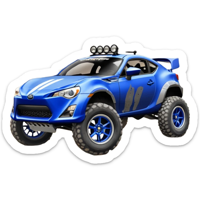 LCG Armored Dirty raced redneck jacked 2013 scion fr-s ultramarine off road 4wd monster Baja dessert stadium rock racer number 86 with long travel swing arm suspension, shiny silver wheels, exaggerated wide black fender flares and trailer  sticker