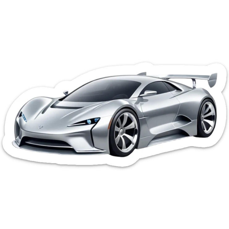 A low-profile futuristic car emoji made of polished silver chrome, wide body stance, smooth aerodynamic shape, glossy metallic surface, soft reflections, luxury swag aesthetic, minimal details, iOS emoji style, centered on clean white background, studio lighting sticker