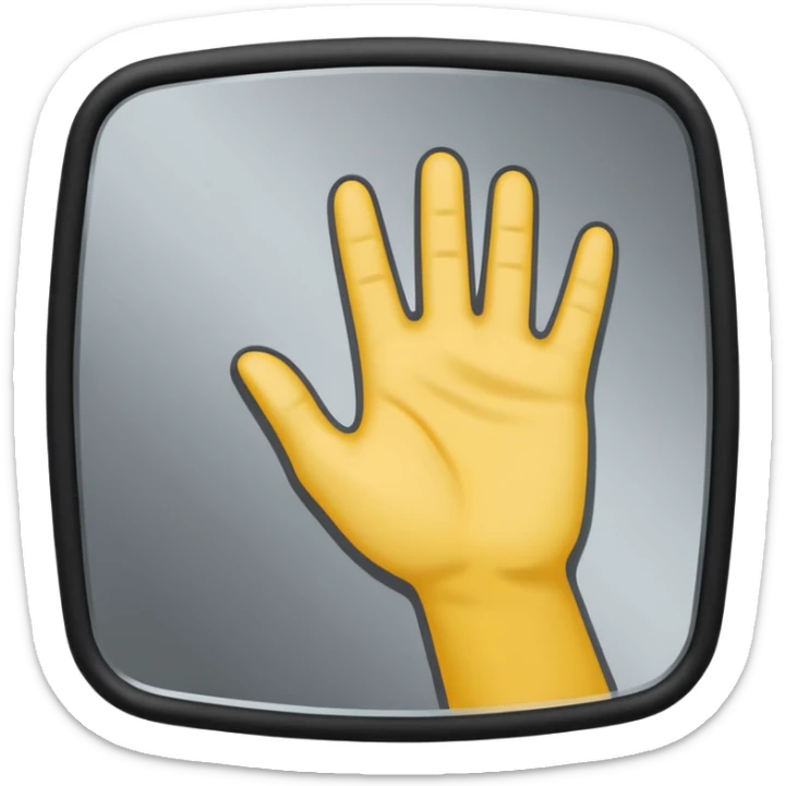 Minimalist emoji-style sticker of a mirror with a shadowy hand reaching out from within. Black and gray, flat icon, square format.

 sticker