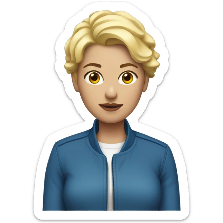 Woman with volumous short blonde hair and blue jacket sticker