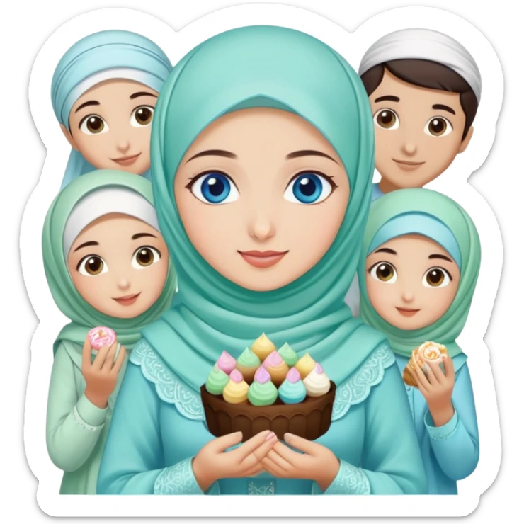 Turkish beautiful finish Konya girl blue eyes with mint hijab islamic dress and had on her hand sweets and celebrating with her friends eid days   sticker