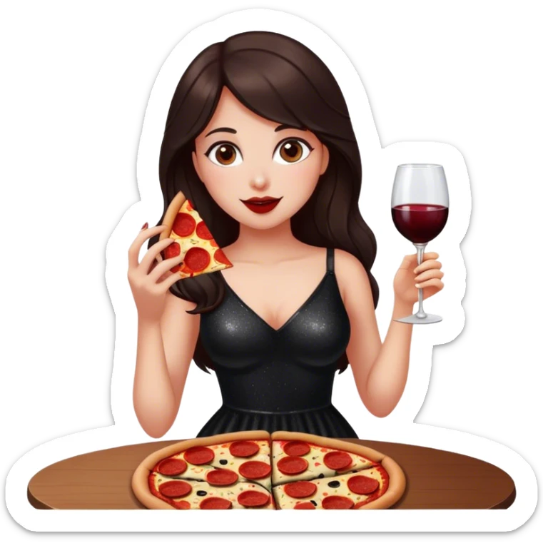 Beautiful woman in 1950’s woman fashion look, black shimmery dress, long dark brown hair, red wine, Pepperoni pizza sticker