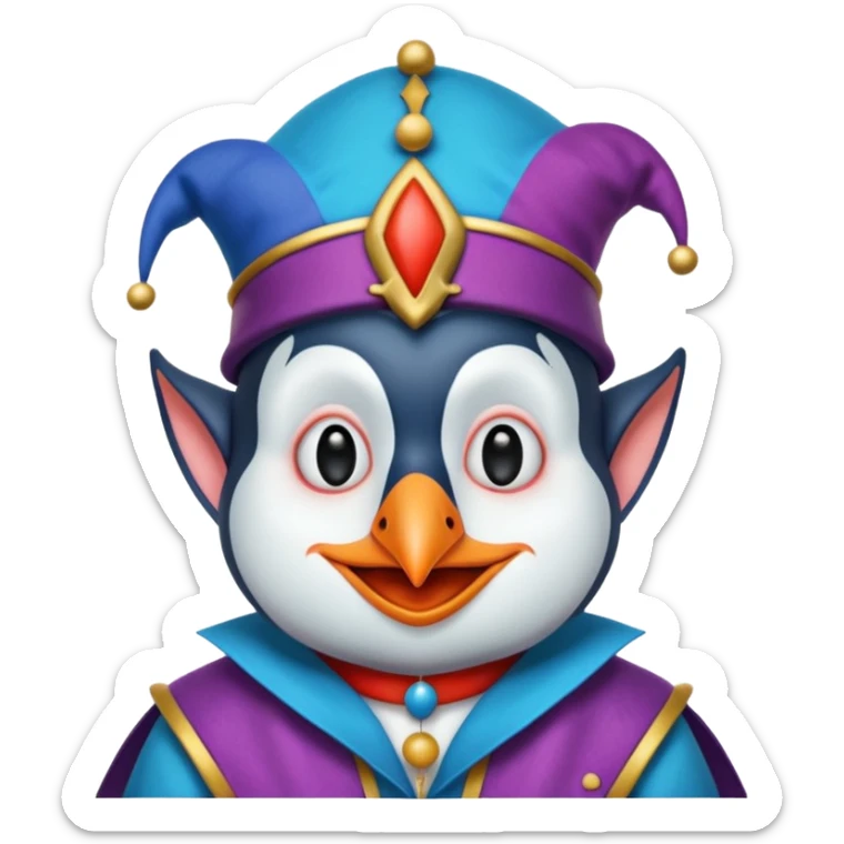 crazy colorful cute penguin jolly joker, medieval, vintage, court jester, mac os icon, blue color sticker