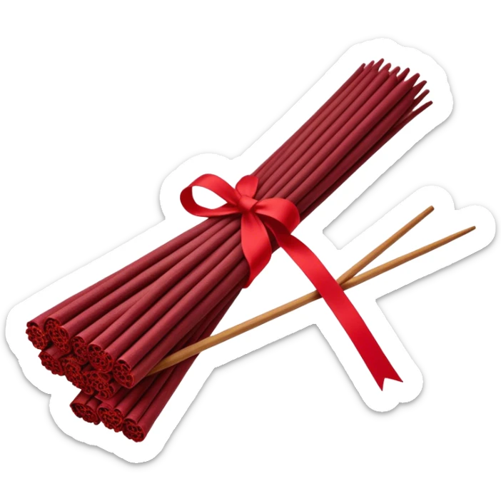A bundle of incense sticks wrapped with a Persian red ribbon, exuding a vintage glamour aesthetic. The rich, deep red hue contrasts elegantly with the natural texture of the incense. Soft lighting enhances the luxurious and nostalgic feel of the composition. sticker