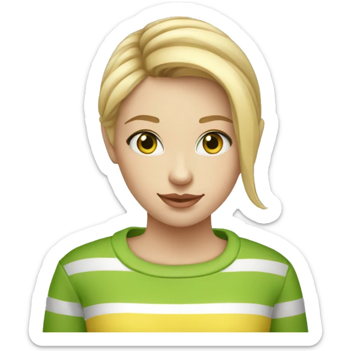 Striped white and yellow sweater on thin blond haired girl with green eyes and jeans sticker