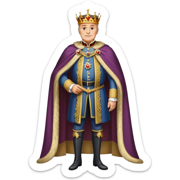 Full body of elderly, thin Carlos I of Spain with brown hair, Habsburg king standing in royal attire with crown, cape, and prominent jaw sticker