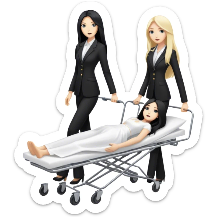 Two woman in black pants suits. One has long black hair and one has long blond hair. They are pushing a stretcher with a dead body on it that is covered in white sheets sticker