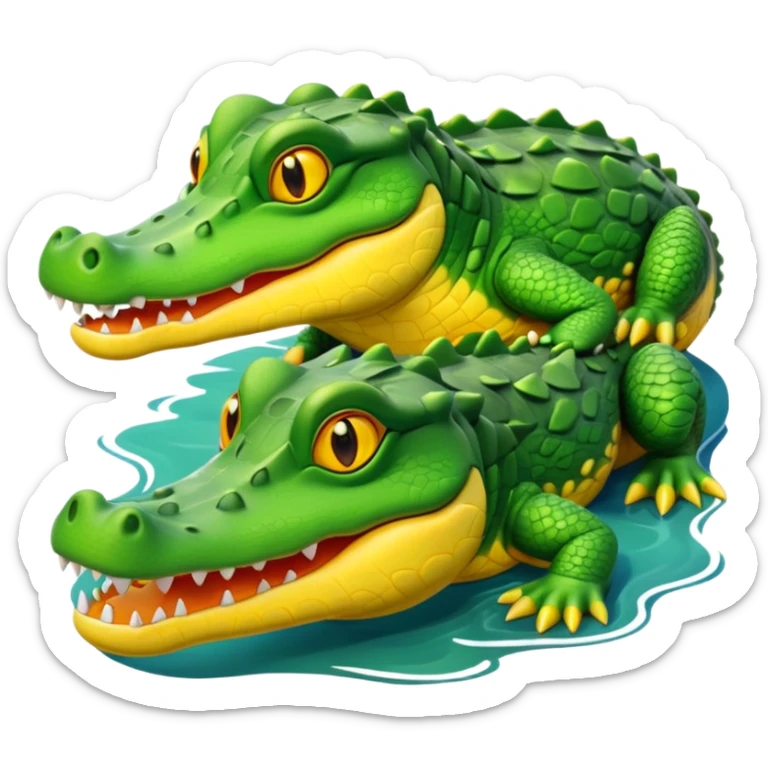 A cute 3D cartoon crocodile resting on a riverbank, part of its body in the water. Smooth rounded design, bright colors, soft lighting, friendly expression, Memoji-style realism. sticker