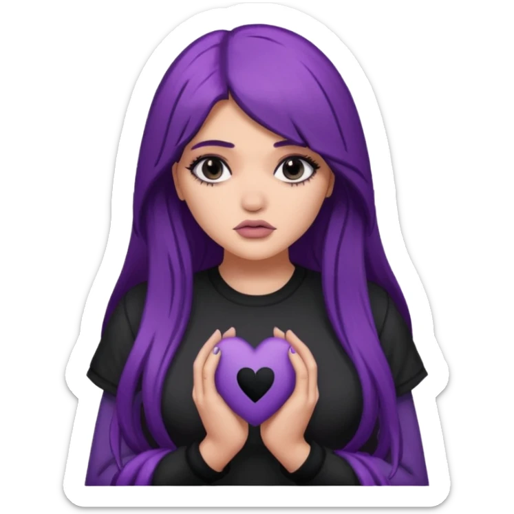A Kylie Jenner with long purple hair is sad and holds a black heart in her hands sticker