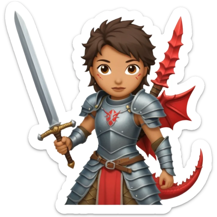 Fierce Latina in armor with a sword after a battle cutting off the head of a dragon sticker