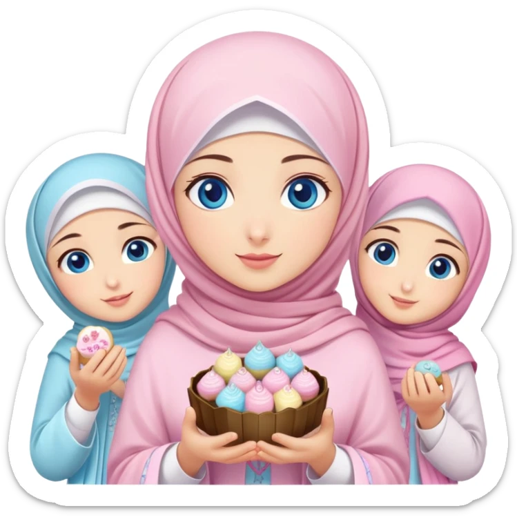 Turkish beautiful finish Konya girl blue eyes with pastel sakura hijab islamic dress and had on her hand text Eid Mubarak with sweets and celebrating with her friends eid days   sticker