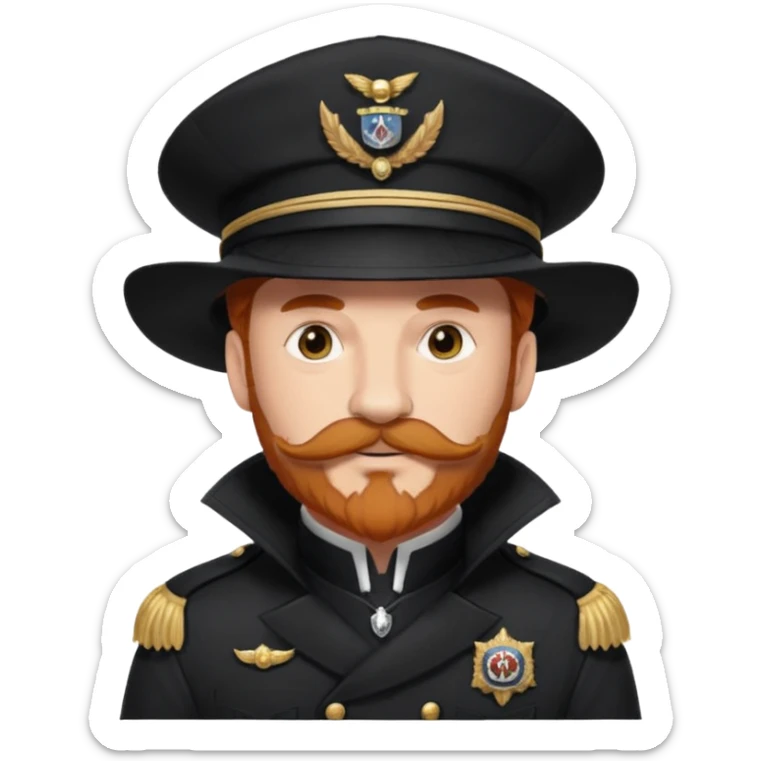 An auburn-hair'ed admiral with a flawless bear and mustache wearing a black admiral outfit and hat with Wolf Ears coming out of the hat, and 9 wolf tails behind him, with the admiral black shirt featuring on the left breast pocket the insignia of Helldivers 2. sticker