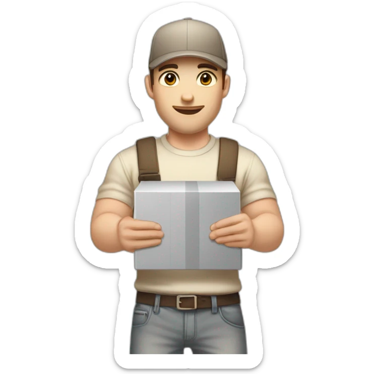 Pale skinned fit Man with dark brown hair in a beige cap, gray jeans, brown polo and white T-shirt keeping a pasted with tape white box into his hands sticker