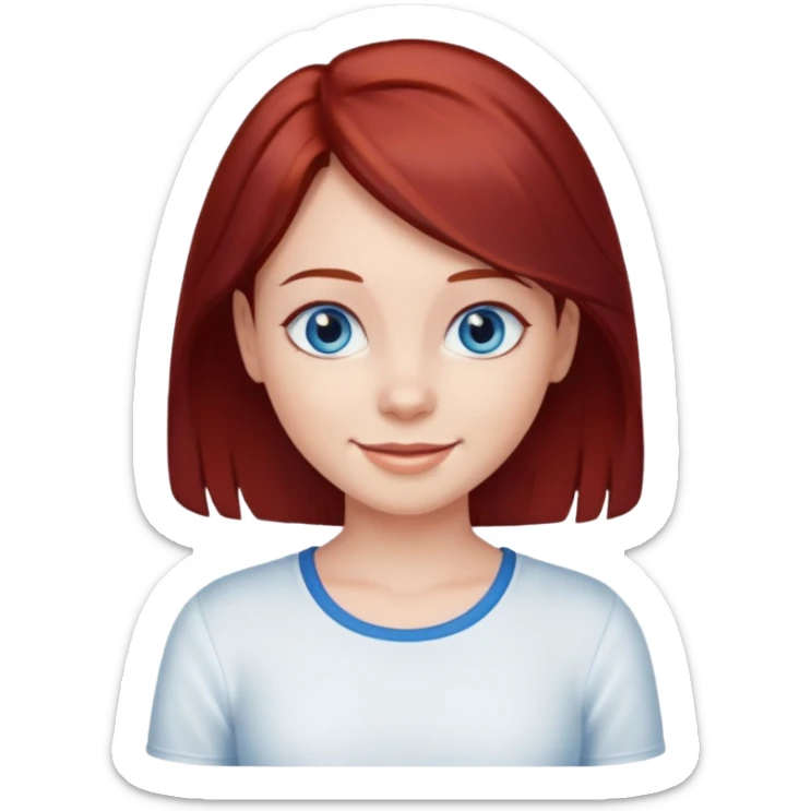 generate a young girl with dark red hair in a white top. she is supposed to have blue eyes  sticker