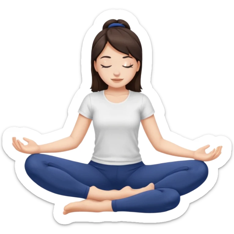 brunette girl with closed eyes in dark blue leggings and a white t-shirt sits on the splits sticker