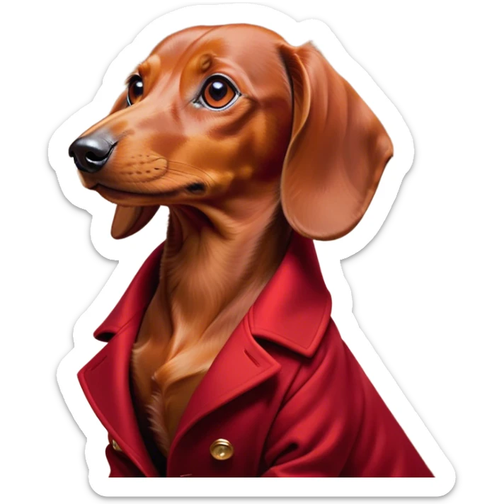 Cinematic Noble Red Dachshund Portrait Emoji, Poised and regal, with a long, low-slung build and a smooth, well-groomed red coat, deep-set soulful brown eyes, Simplified yet sharp and sophisticated features, highly detailed, glowing with a soft, dignified glow, high shine, intelligent and determined, stylized with an air of charm, focused and attentive, soft glowing outline, capturing the essence of a watchful and confident companion, so majestic it feels as though it could slide out of the screen with effortless authority! sticker