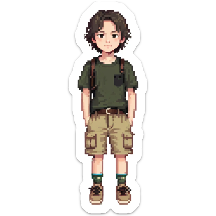 boy wearing an olive-green shirt over a brown T-shirt with beige cargo shorts sticker