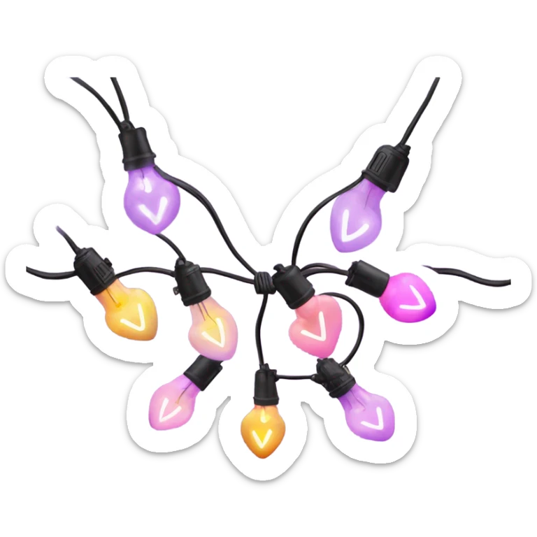 Realistic string lights with pink and purple bulbs in the shape of a heart and a power plug in on the end of the lights. sticker
