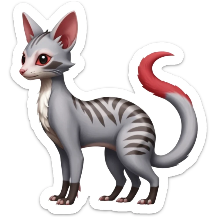 Minccino-Lykoi-Civet-Sphynx-Linoone-Zangoose-fusion-hybrid-animal-Fakémon-creature, full body, thin long sleek scaly tail, intricate markings sticker