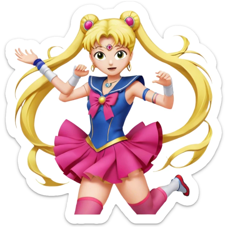 Icon for Anime: vibrant, dynamic scene with Bishoujo Senshi Sailor Moon in action, featuring exaggerated expressions and colorful backgrounds. The design should reflect the distinct, energetic style of anime, with iconic eyes and unique visual elements. Transparent background. sticker