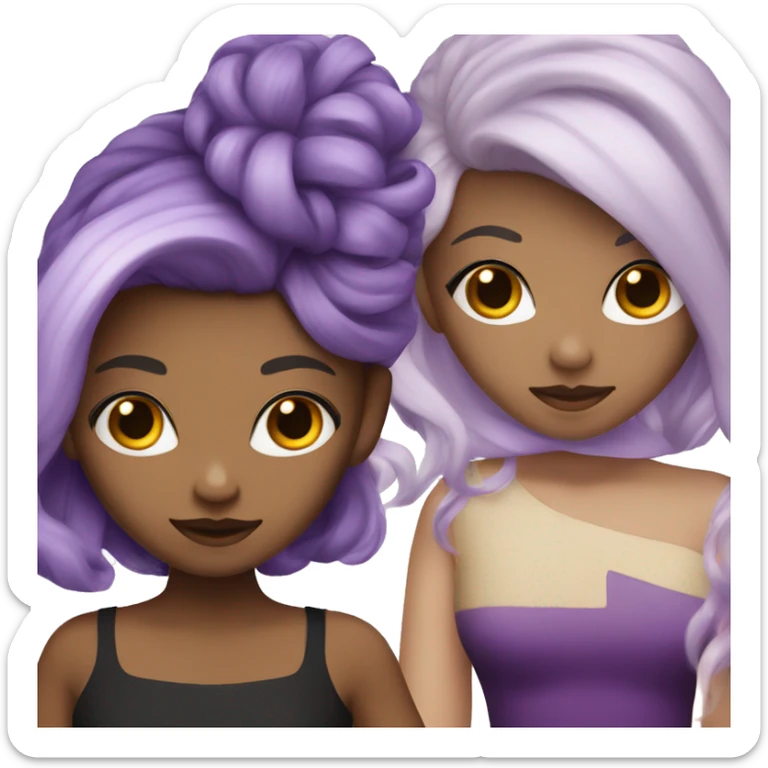 Girl with split dyed hair; black and blond with a purple dress sticker
