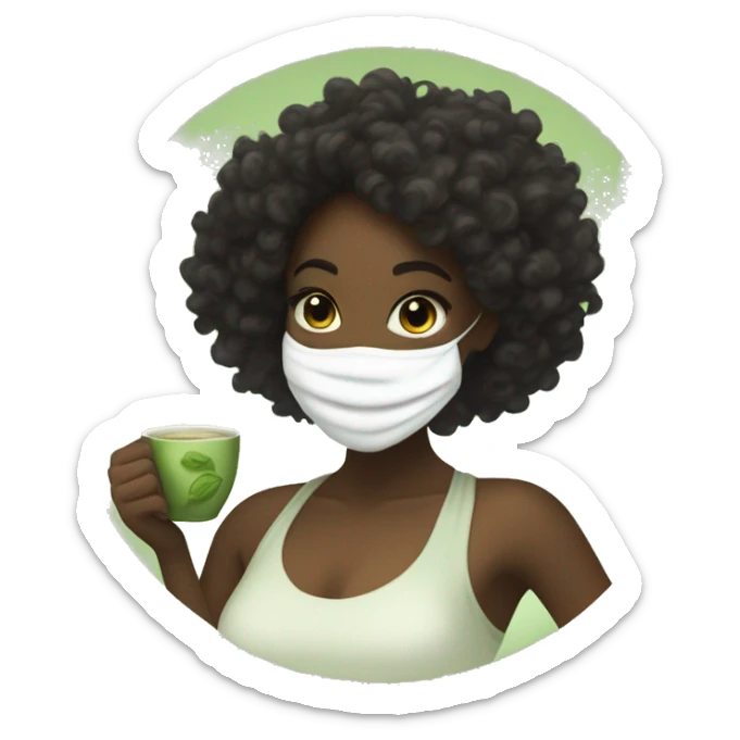 Black girl with curly hair wrapped in a towel, has a white face mask on and holding a steaming matcha tea while smiling  sticker