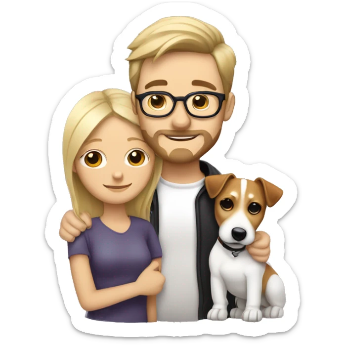 blonde girl and her white men with brown hair, glasses, a little Beard and moustache, both cuddling a jack Russell sticker