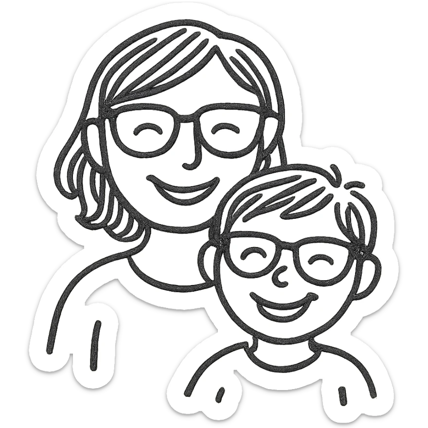A happy woman with brown hair and a child boy, both wearing Ray-Ban glasses sticker