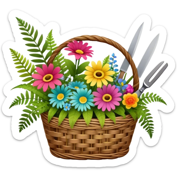 Icon for Floristry: a woven basket with flowers, reeds, ferns, bright ribbons and a small plush toy. Add big garden scissors and knife above. The icon should represent creativity in flower arrangement and decorative design. Transparent background. sticker