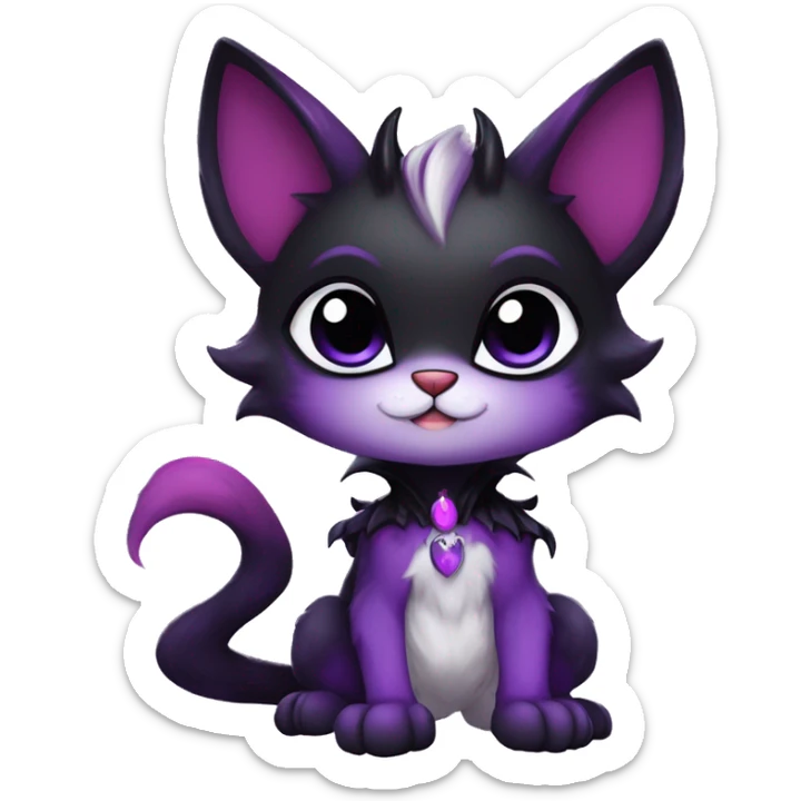 Anthro-Cute-Edgy-Vampiric-Batty-Cat-Black-Purple-Contrast-Colors-Fantasy-Fur-Sona-Chibi-Shiny-Fakémon-Hybrid with horns full body sticker