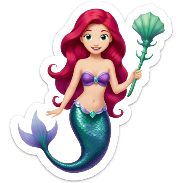 Disney Ariel mermaid with long red hair, green tail, and purple seashell top, smiling sticker
